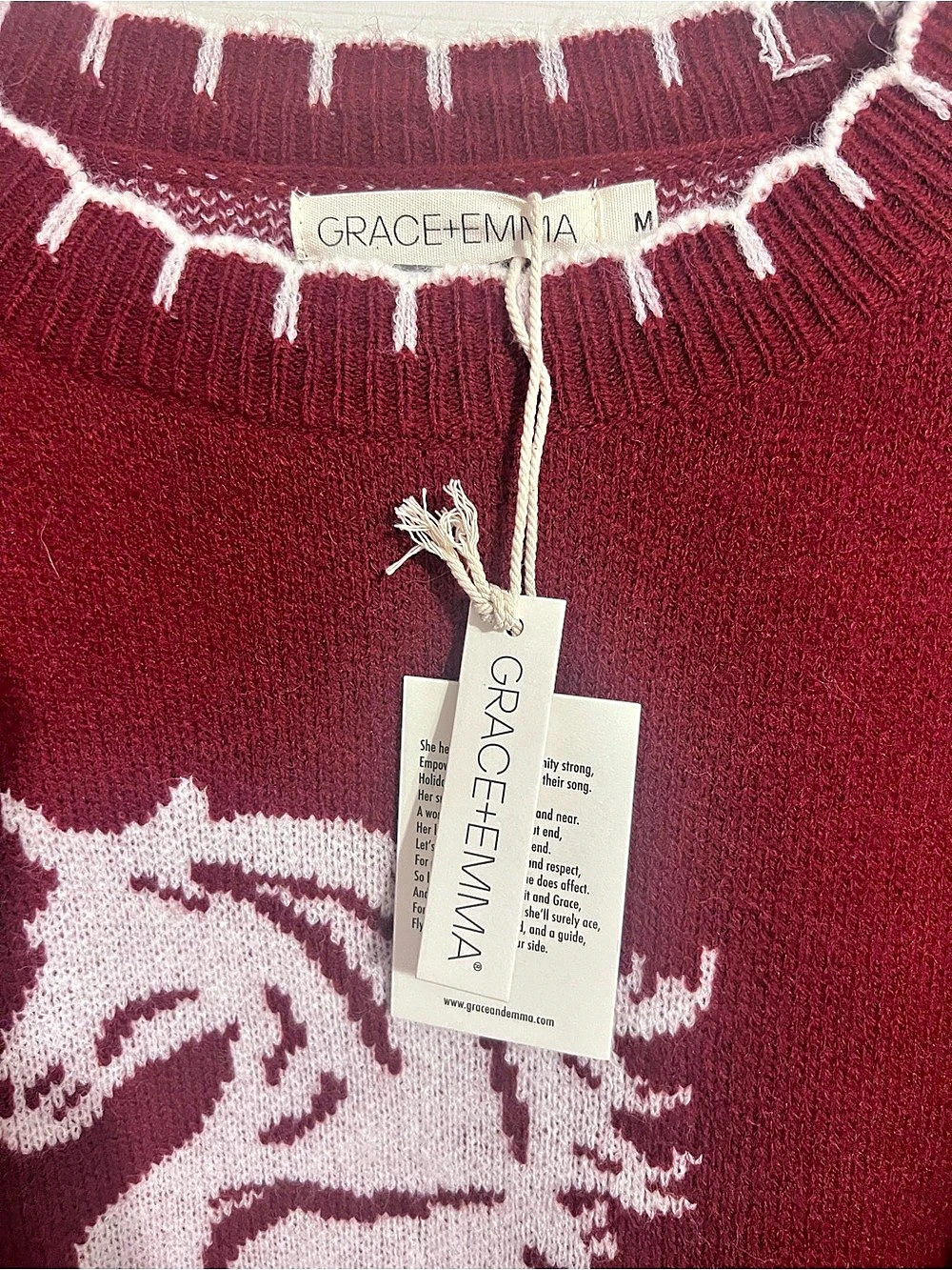 Grace Emma Horse Graphic Sweater Unicorn Crewneck Sweater in Red & White Size - Picture 4 of 4